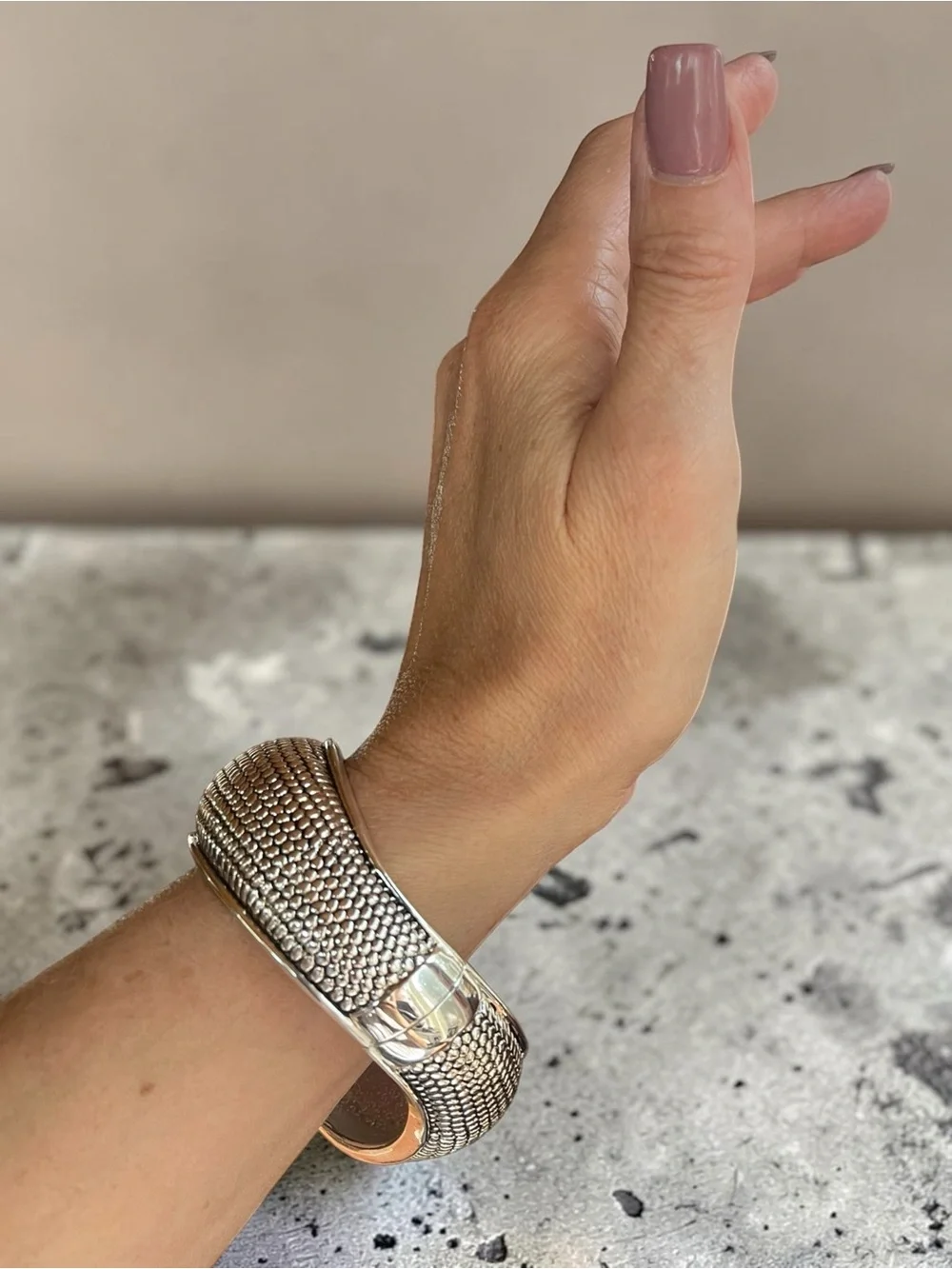 Silver Tone Textured Hinged Magnetic Closure Statement Cuff Bracelet